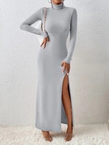SHEIN Essnce High Neck Split Thigh Dress - Light Grey - View 4