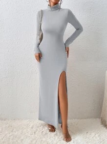 SHEIN Essnce High Neck Split Thigh Dress - Light Grey - View 5