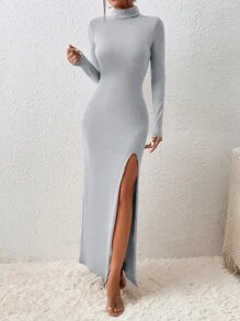 SHEIN Essnce High Neck Split Thigh Dress - Light Grey - View 6