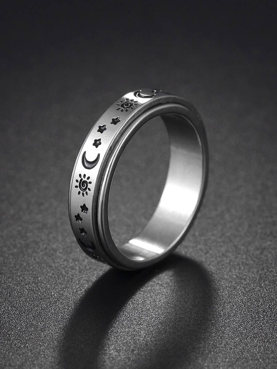 Fashionable and Popular Men Sun & Moon Detail Ring Stainless Steel for Jewelry Gift and for a Stylish Look - Silver - View 1