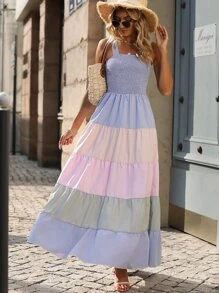 SHEIN LUNE Đầm viền lá sen Viên lá sen Dải chun Khối Màu Sọc Boho - Nhiều màu - Xem 5