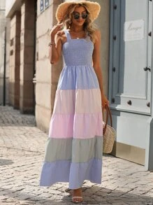 SHEIN LUNE Đầm viền lá sen Viên lá sen Dải chun Khối Màu Sọc Boho - Nhiều màu - Xem 3