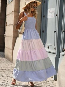 SHEIN LUNE Đầm viền lá sen Viên lá sen Dải chun Khối Màu Sọc Boho - Nhiều màu - Xem 6