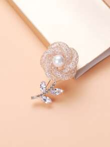 水鑽和人造珍珠裝飾花朵設計胸針 - 金色 - 查看 1