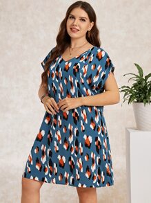 EMERY ROSE Plus Allover Print Batwing Sleeve Tunic Dress - Multicolor - View 6