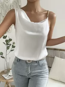 SHEIN Privé Pearls Beaded Draped Front Asymmetrical Neck Blouse - White - View 6