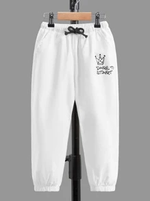 SHEIN Toddler Boys Crown & Slogan Graphic Drawstring Waist Pants - White - View 2