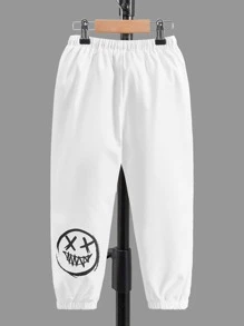 SHEIN Toddler Boys Crown & Slogan Graphic Drawstring Waist Pants - White - View 1