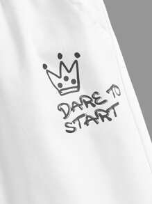 SHEIN Toddler Boys Crown & Slogan Graphic Drawstring Waist Pants - White - View 4