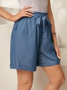 EMERY ROSE Paperbag Waist Belted Roll Up Hem Shorts - Dusty Blue - View 4