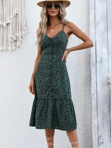 Breezaya Vestido de tirantes con estampado de lunares bajo con fruncido - Verde militar - Ver 6