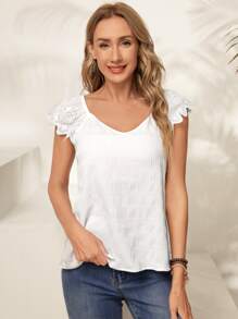 EMERY ROSE Contrast Eyelet Embroidery Raglan Sleeve Blouse