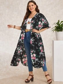 EMERY ROSE Plus Floral Print Split Hem Kimono - Multicolor - View 4
