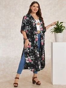 EMERY ROSE Plus Floral Print Split Hem Kimono - Multicolor - View 5