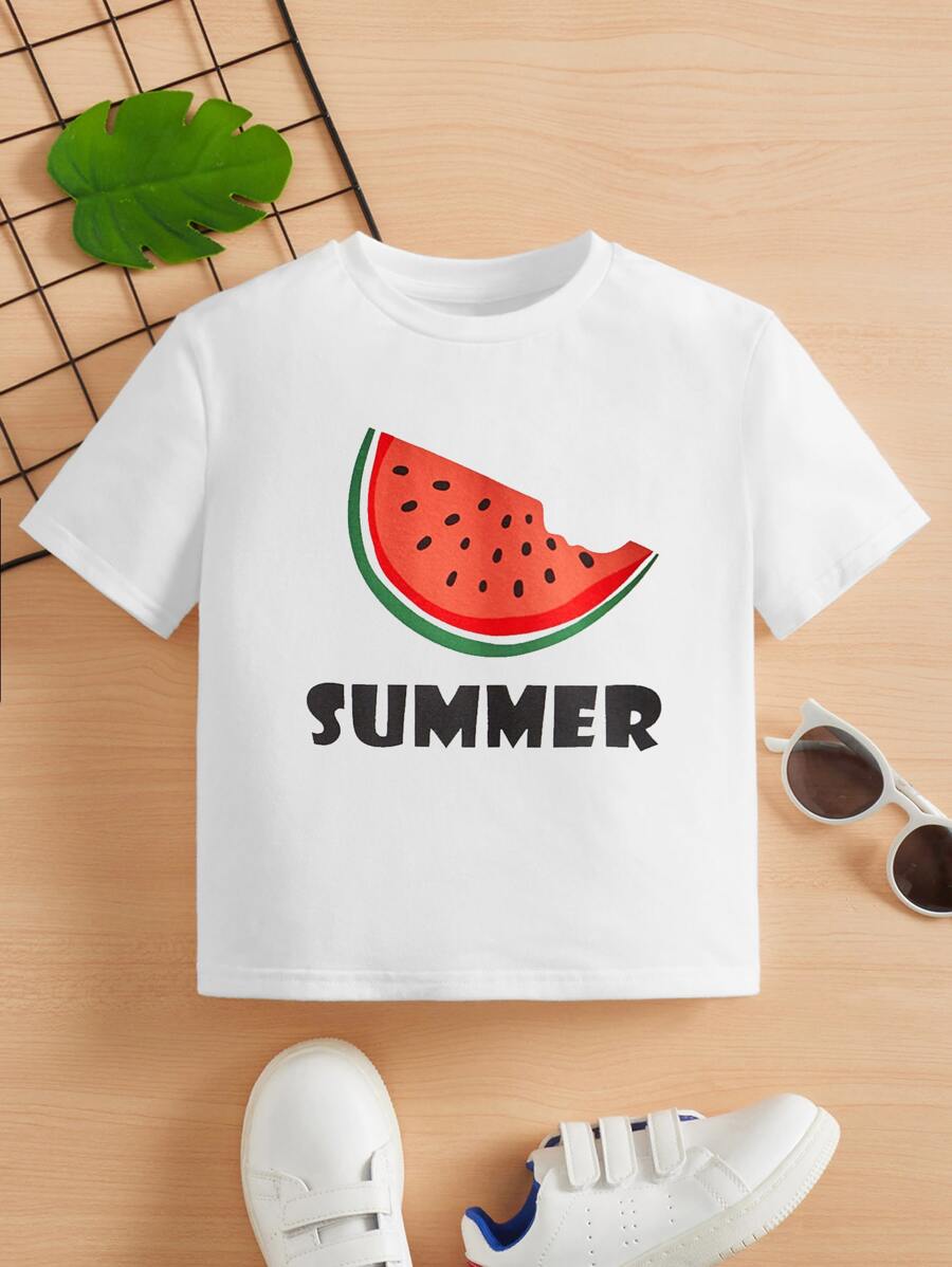 SHEIN Tops con trai lớn Lá thư Rau quả Giải trí - trắng - Xem 1
