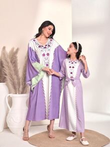 Girls 1pc Heart Print Belted Two Tone Tunic Dress - Lilac Purple - View 3