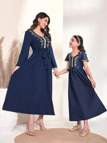 SHEIN Đầm Gái Thêu Ruy băng Hoa Boho - Màu xanh hải quân - Xem 3