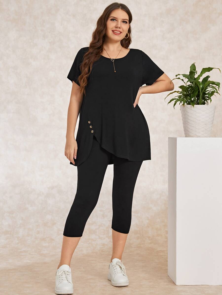EMERY ROSE Bộ thời trang Plus Size Bất đối xứng Nút màu trơn Giải trí - màu đen - Xem 1
