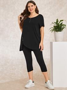 EMERY ROSE Bộ thời trang Plus Size Bất đối xứng Nút màu trơn Giải trí - màu đen - Xem 3