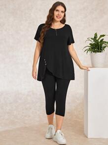 EMERY ROSE Bộ thời trang Plus Size Bất đối xứng Nút màu trơn Giải trí - màu đen - Xem 4