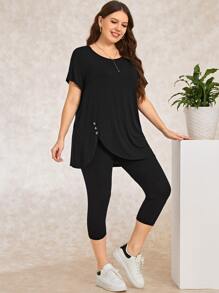 EMERY ROSE Bộ thời trang Plus Size Bất đối xứng Nút màu trơn Giải trí - màu đen - Xem 5