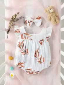 Bebé Body con estampado de hoja ribete con fruncido - Blanco - Ver 1