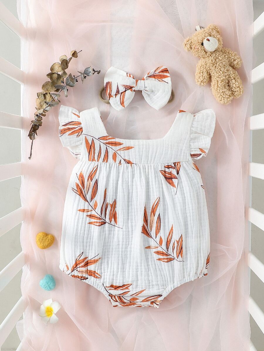 Bebé Body con estampado de hoja ribete con fruncido - Blanco - Ver 1