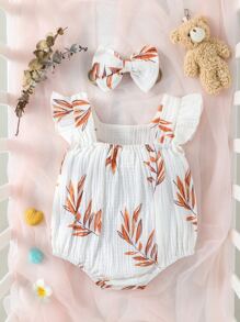 Bebé Body con estampado de hoja ribete con fruncido - Blanco - Ver 2