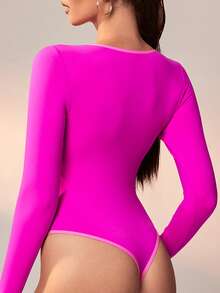 Daily High Stretch Long Sleeve Slim Fit Thong Bodysuit - Hot Pink - View 2