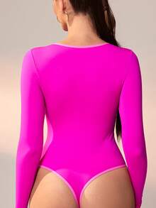 Daily High Stretch Long Sleeve Slim Fit Thong Bodysuit - Hot Pink - View 6