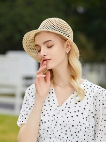 鏤空草編帽 - 卡其色 - 查看 4