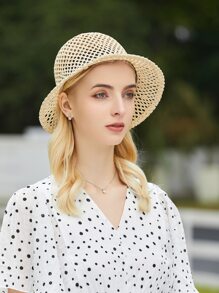 鏤空草編帽 - 卡其色 - 查看 5