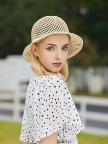 鏤空草編帽 - 卡其色 - 查看 6