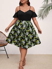 SHEIN VCAY Plus Cold Shoulder Top & Tropical Print Skirt - Multicolor - View 1