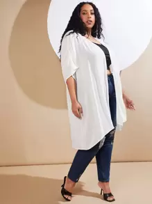 SHEIN CURVE+ 大碼素色褶邊開門襟外套 - 白色 - 查看 4