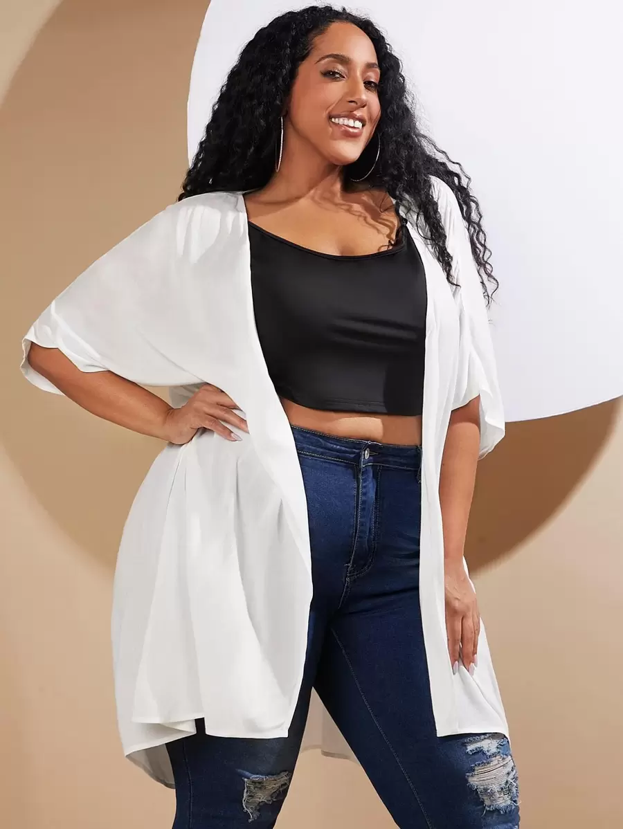 SHEIN CURVE+ 大碼素色褶邊開門襟外套 - 白色 - 查看 1