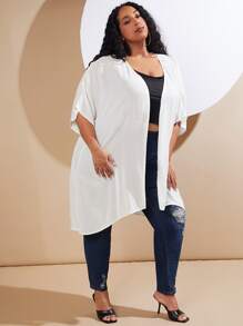 SHEIN CURVE+ 大碼素色褶邊開門襟外套 - 白色 - 查看 6