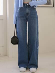 DAZY 高腰斜口袋毛边剪裁牛仔裤，返校服 - 中等水洗藍 - 查看 2