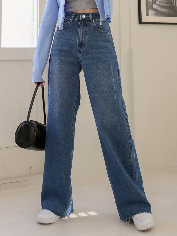 DAZY High Waist Slant Pocket Raw Cut Jeans,Back To School Clothes - Medium Wash - View 3