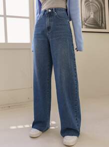 DAZY 高腰斜口袋毛边剪裁牛仔裤，返校服 - 中等水洗藍 - 查看 4