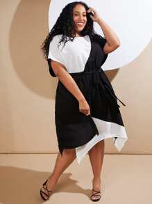 SHEIN CURVE+ 大碼雙色不對稱下擺繫腰帶連衣裙 - 黑與白 - 查看 3