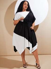 SHEIN CURVE+ 大碼雙色不對稱下擺繫腰帶連衣裙 - 黑與白 - 查看 5