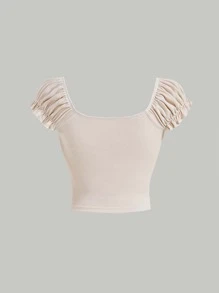SHEIN MOD Camiseta crop con cordón delantero pecho con fruncido de manga farol - Albaricoque - Ver 2