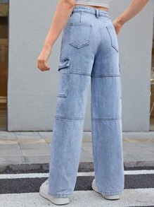 SHEIN 青少年女孩翻蓋口袋工裝牛仔褲