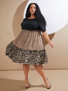 SHEIN CURVE+ Plus Leopard Print Frill Trim Dress - Khaki - View 3