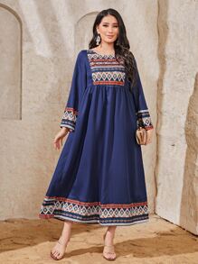 Al Najma Geo Print Round Neck Smock Arabian Modest Long Sleeve Dress