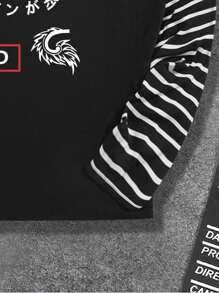 ROMWE MEN Guys 2 In 1 Striped Sleeve Dragon Graphic Tee - Black - View 4
