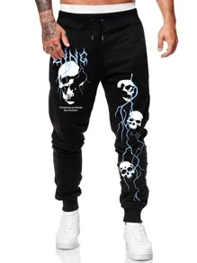 ROMWE MEN Men Skull Print Sweatpants, School - Black - View 1