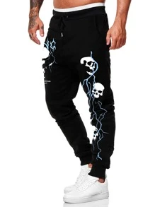 ROMWE MEN Men Skull Print Sweatpants, School - Black - View 4