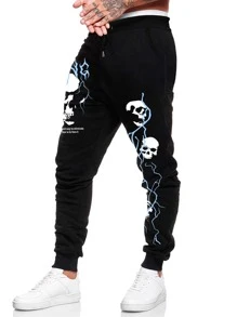 ROMWE MEN Men Skull Print Sweatpants, School - Black - View 5